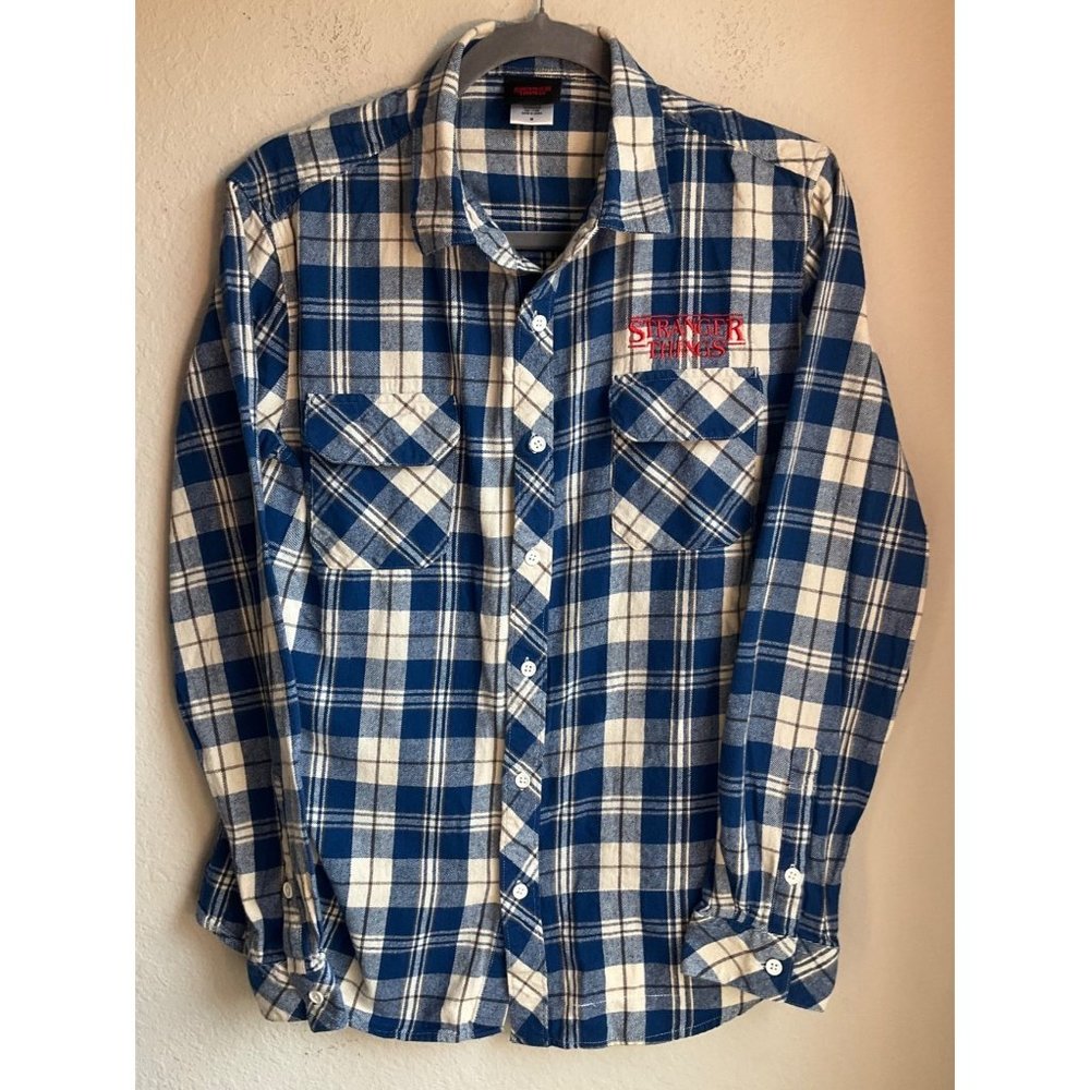 Stranger Things Netflix Men's Medium Blue/White Plaid Flannel Shirt Cotton
